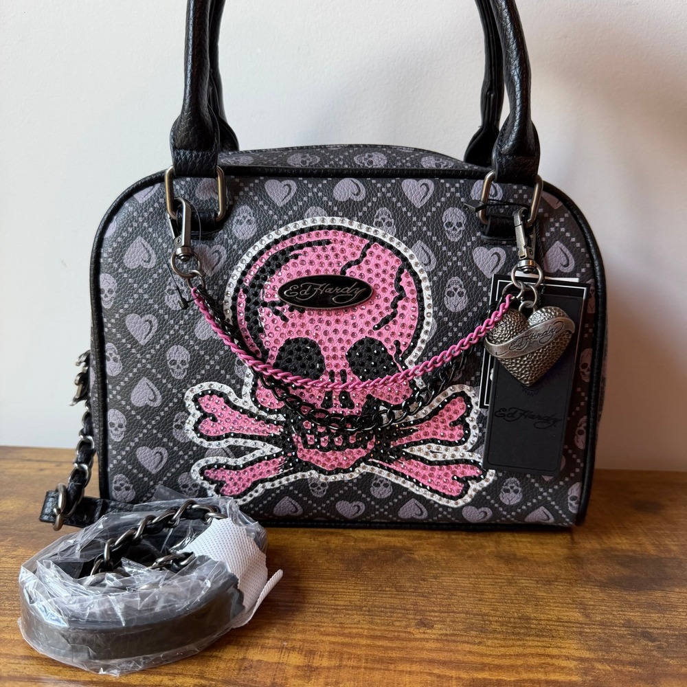 New Ed Hardy Black Pink Satchel Crossbody Handbag Skull Y2K Gothic Charms